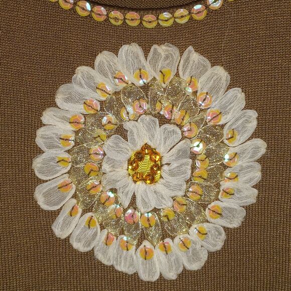 Colour Works Brown Tank-Medium-100% Silk-Sequined Yoke-3D Ribbon Floral - Picture 3 of 8